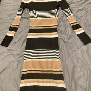 No Boundaries Striped Rib-Knit Long Sleeve Dress in Black, Tan & Cream